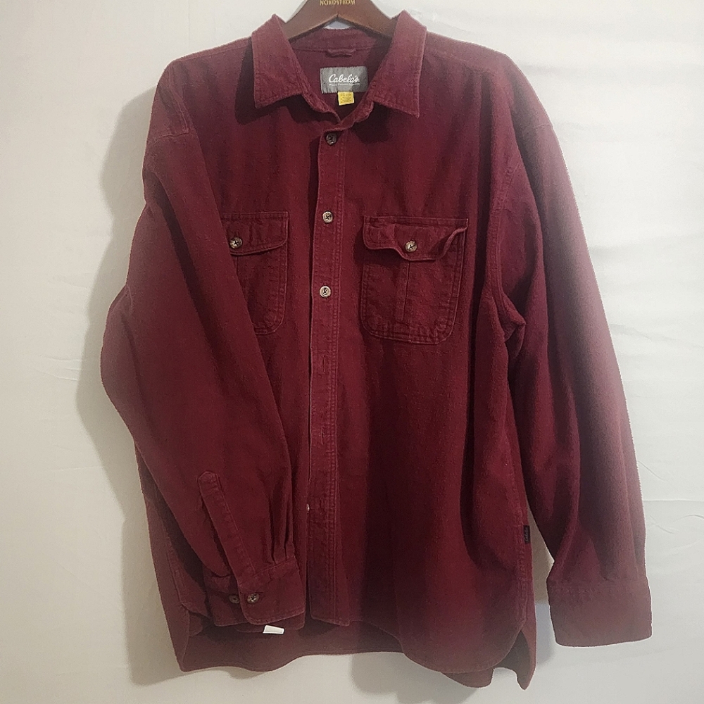 Cabelas Button Down Shirt - Men's XXL - Heavyweight Flannel - Maroon Outerwear